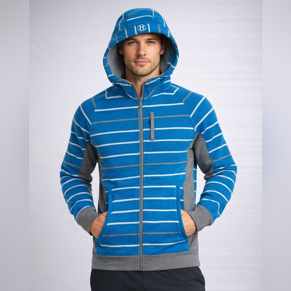 lululemon athletica Other - Lululemon Sequence Men’s Large Blue White Grey Stripe Full Zip Hooded Sweatshirt